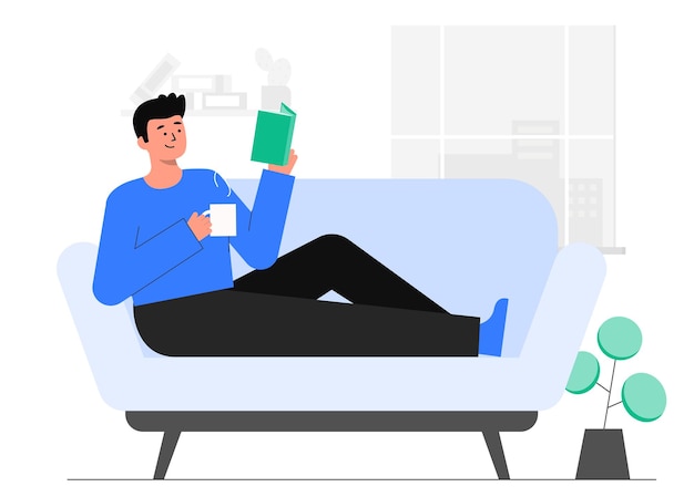 ソファに座ってフラットスタイルのベクトルイラストを読んでいる男性