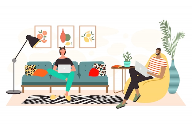 Vector man and sitting on sofa with laptop computers and working from home. freelance work and convenient workplace  concept. living room interior. distance work, online study, education.