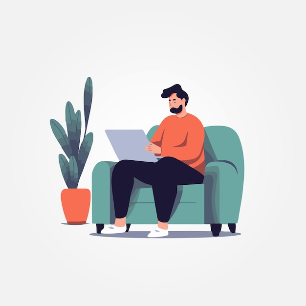 man sitting on sofa working on laptop vector illustration