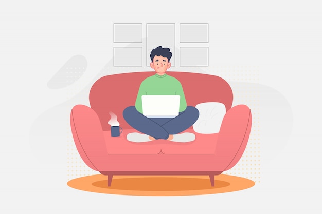 Vector man sitting on sofa and working with laptop