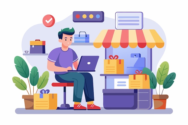 노트북에 초점을 맞춘 의자에 앉아있는 남자가 온라인 상점에서 상품을 판매하고 있습니다. 남자는 온라인 상점에 상품을 판매합니다. 간단하고 미니멀한 평평한 터 일러스트레이션