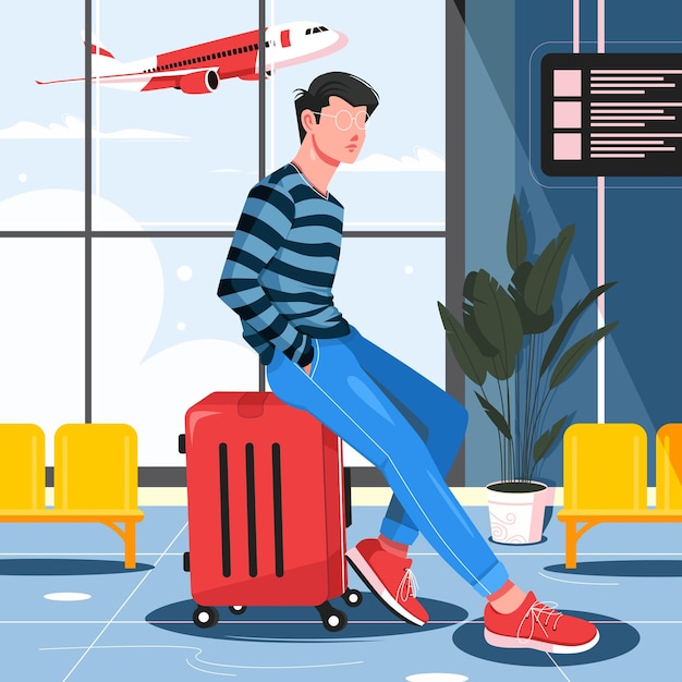 Uomo seduto in una valigia all'illustrazione dell'aeroporto