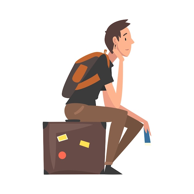 Man sitting on suitcase waiting for departure guy travelling on summer vacation vector illustration