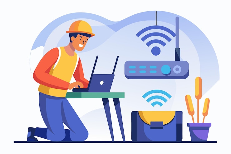 A man sitting at a table working on a laptop while checking a wifi router worker is checking wifi router Simple and minimalist flat Vector Illustration