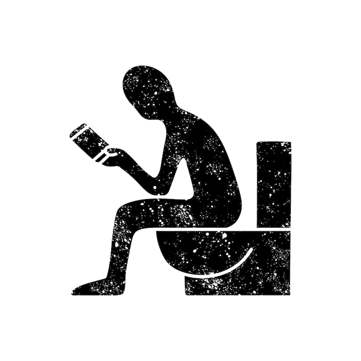Vector man sitting in toilet and holding smart phone black hand drawn icon in grunge look