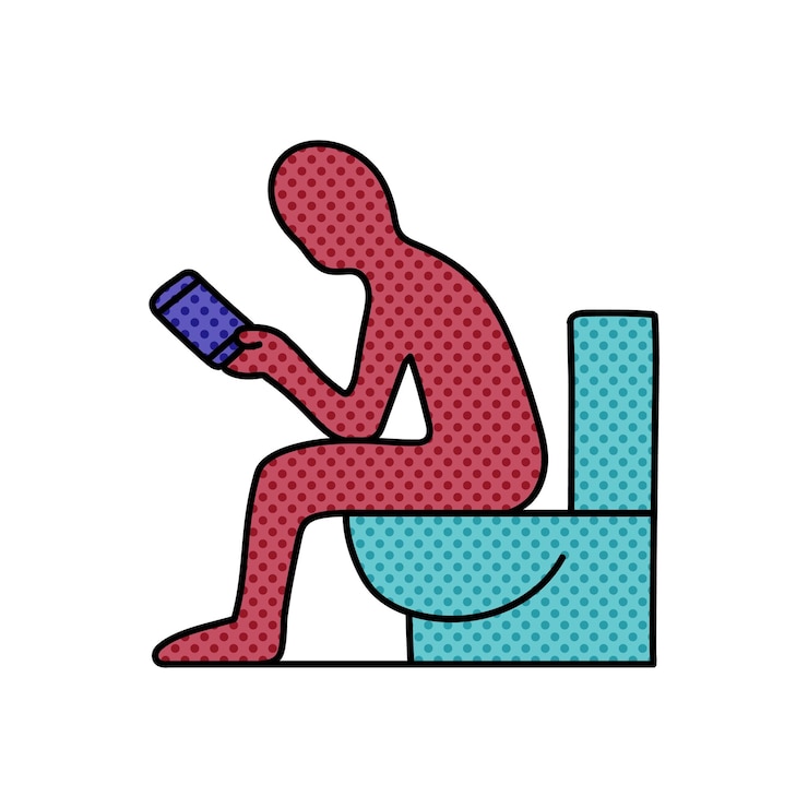 Vector man sitting in toilet and holding smart phone halftone hand drawn color vector illustration