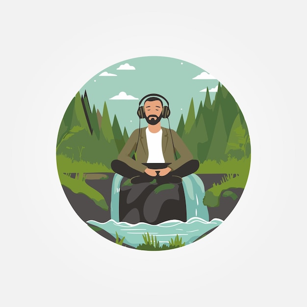 Man sitting in waterfall meditating vector illustration