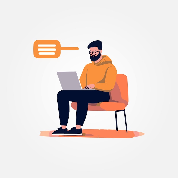 Vector man sitting with laptop on lap