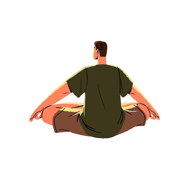 Man sitting in yoga asana lotus pose back view Person relax rest in retreat care about mind mental wellness Spiritual practice Meditation flat isolated vector illustration o white background