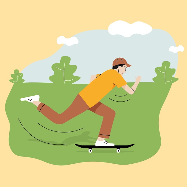 Vector a man on a skateboard in a yellow shirt is running in a field