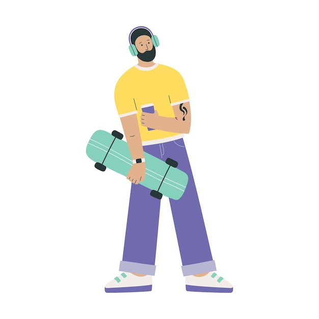 Man skateboarder with coffee and skateboard in his hands Hand drawn character illustration