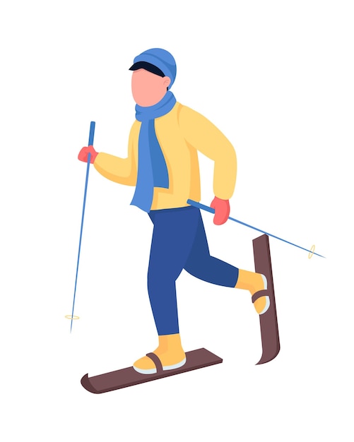 Man skiing semi flat color vector character. Dynamic figure. Full body person on white. Active winter recreation isolated modern cartoon style illustration for graphic design and animation