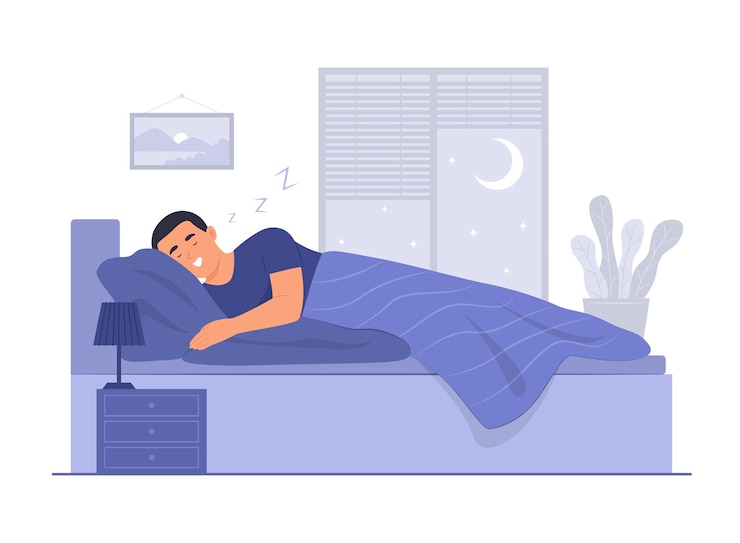 Vector man slaapt in bed en snurkt 's nachts