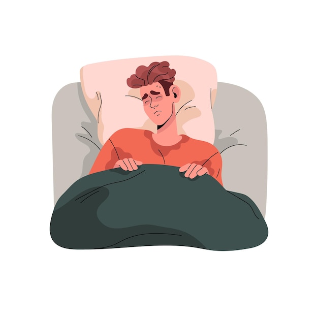 Vector man sleep and see nightmare, sweat in bed, top view. asleep people watch anxiety dream at night, sad sleeper has disorder, problems with rest and relax. flat isolated illustration on white background