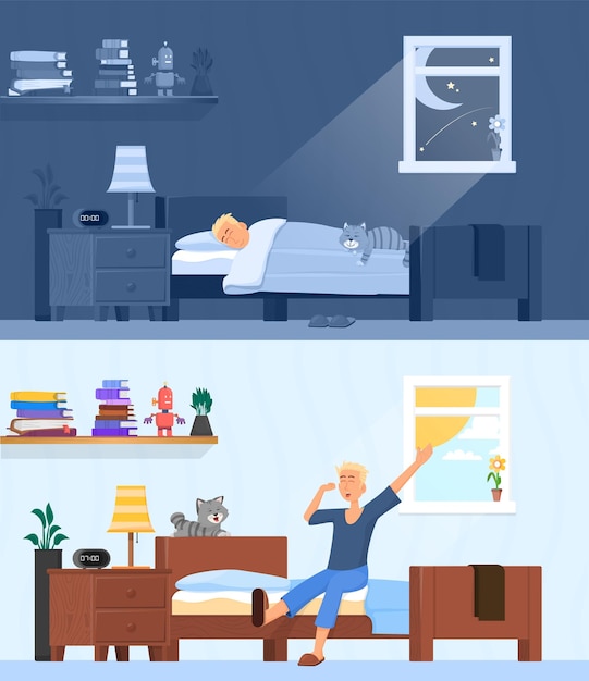 Man sleep and wake up Awake early morning guy sitting and stretching in bed Happy day start healthy rest at night decent vector illustration