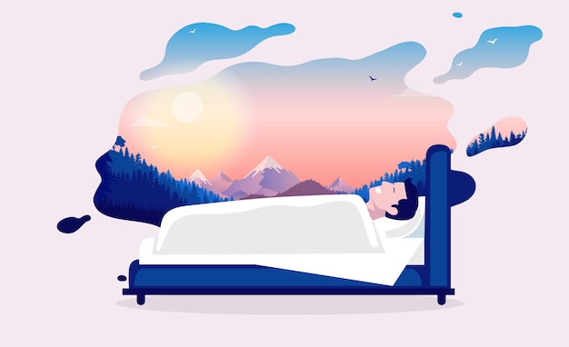 Vector man sleeping in bed smiling and dreaming happy dreams