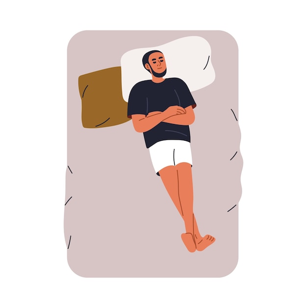 Vector man sleeping in bed top view person asleep uncovered lying resting on pillow guy dreaming on back slumbering with arms and legs crossed flat vector illustration isolated on white background