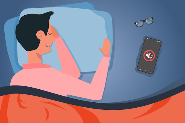 man sleeping on the bed with pillow blanket and a mobile phone with mute sound or silent mode symbol