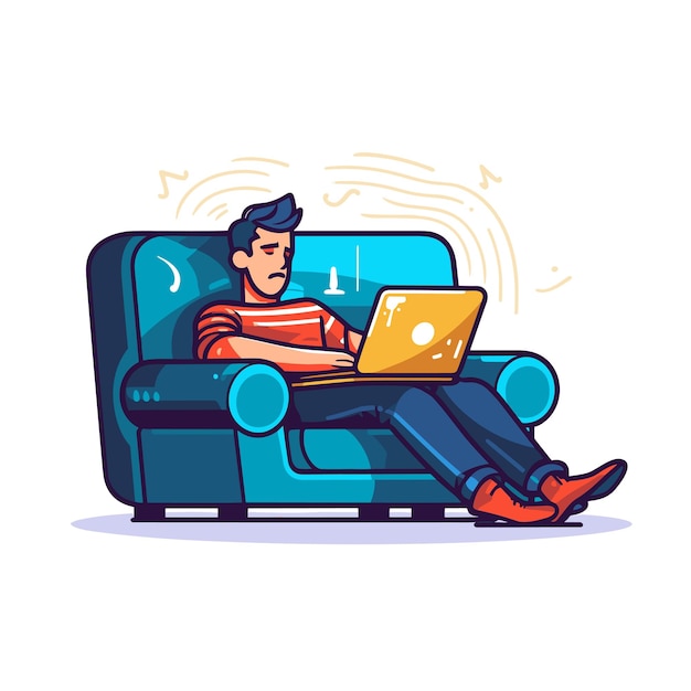 Man sleeping on the couch with a laptop Vector illustration