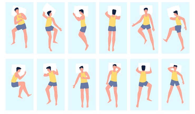Vector man sleeping sleep positions male lying on bed with pillow night time different relax postures top view alone human relaxed recent vector set