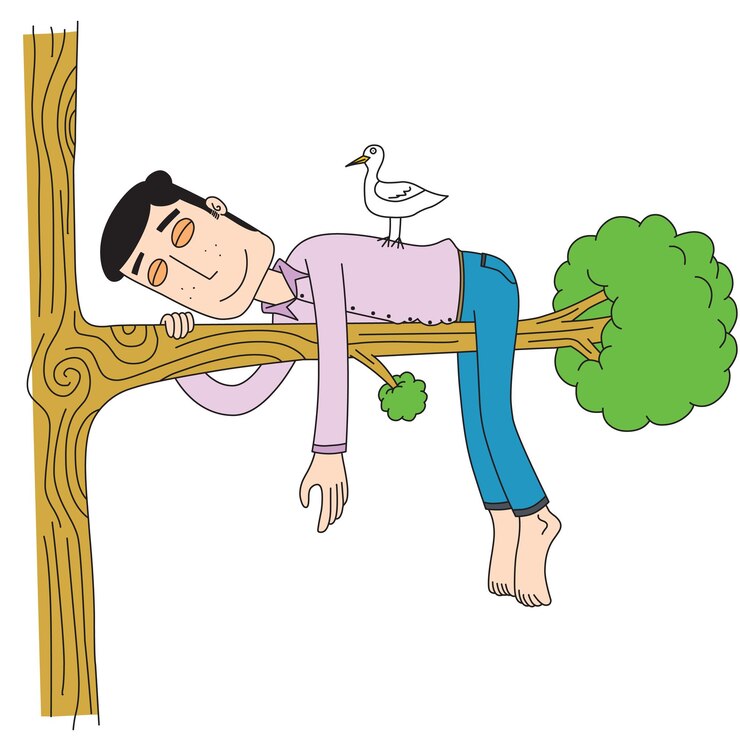 Vector man sleeping on a tree branch
