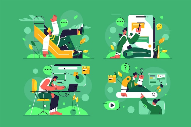 Man on slide, in smartphone, designer at work, search info set vector illustration. Different interests flat style. Hobby, leisure, free time concept