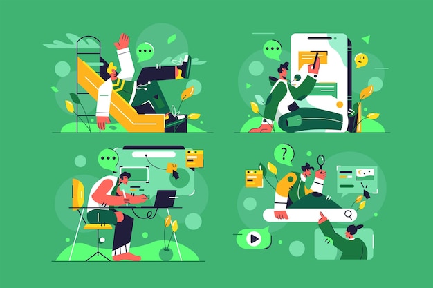 Man on slide, in smartphone, designer at work, search info set vector illustration. different interests flat style. hobby, leisure, free time concept