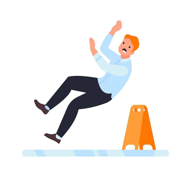 Man slipping on wet floor. Guy falling down. Vector illustration