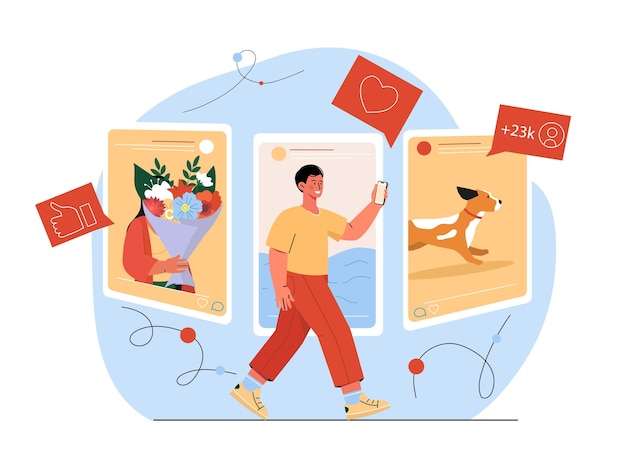 Человек в социальных сетях концепция молодой человек с смартфоном смотреть посты с интересными фотографиями