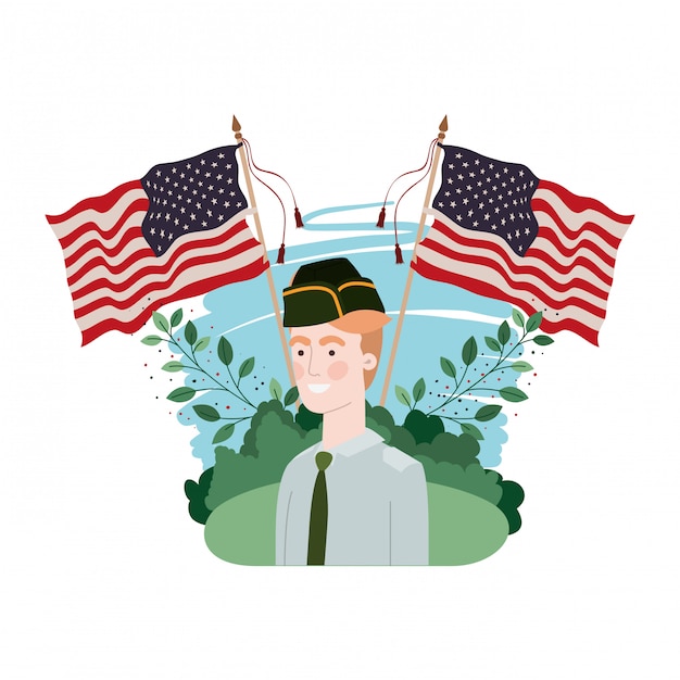 Vector man soldier of war with landscape and united states flag