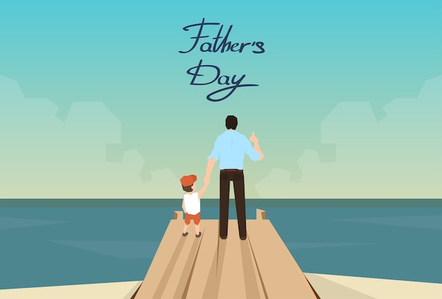 Man and son father day holiday standing on wooden dock