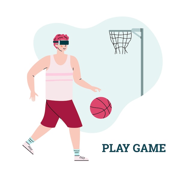 Man spelen in basketbalspel in virtuele augmented reality een vectorillustratie