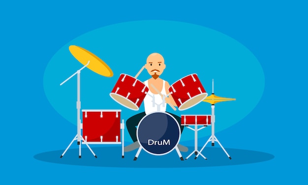 Man spelen op drums, vlakke stijl