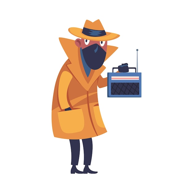 Vector man spion karakter in mosterd jas en hoed aftappen onderzoeken vectorillustratie