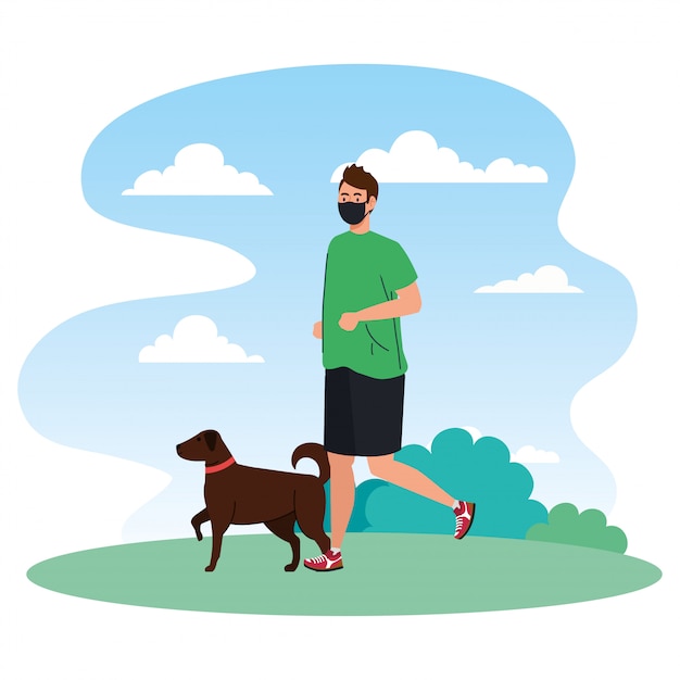 Man in sportswear wearing medical mask, with dog outdoor, prevention coronavirus covid 19