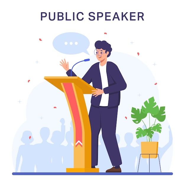 Man spreker staande achter podium met microfoons spreken in het openbaar