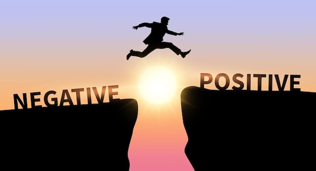 Man springt op een klif van actief naar positief concept van verandering van geest naar succes