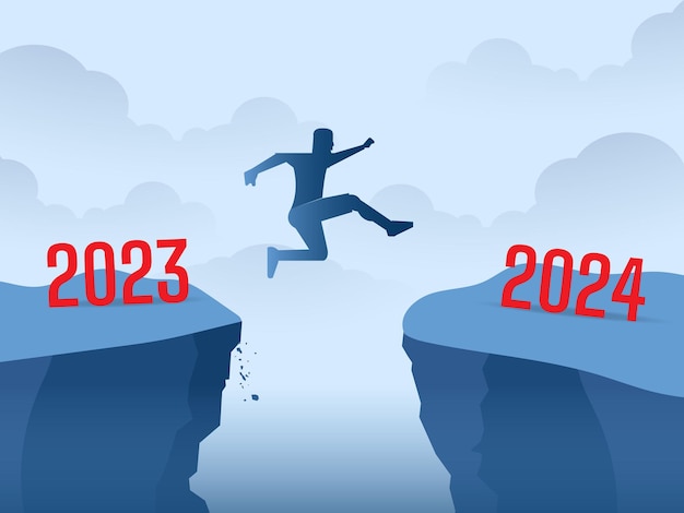 Vector man springt over de jaarkloof van 2023 naar 2024