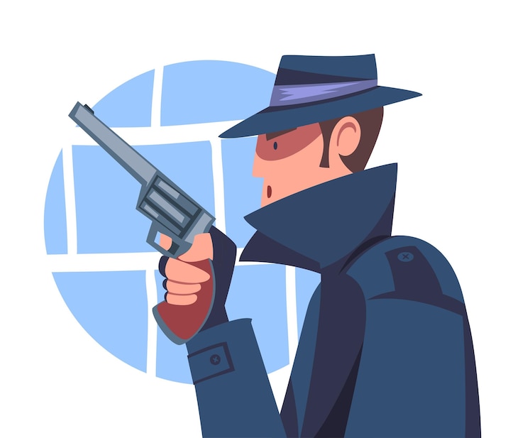 Vector man spy character in black coat and hat with handgun investigating vector illustration