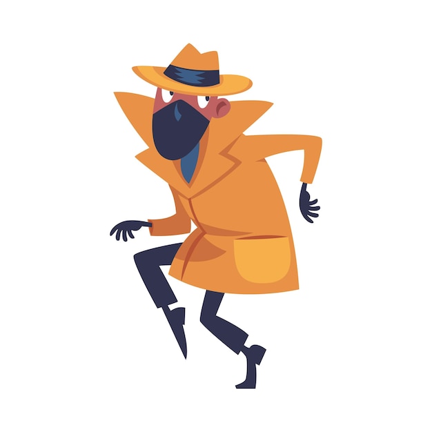 Vector man spy character in mustard coat and hat sneaking investigating vector illustration