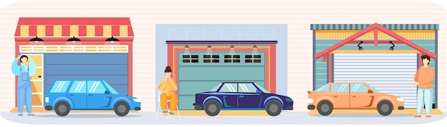 Man staat in de buurt van garage met automatische poorten Voertuigopslagplaats voor transportauto's