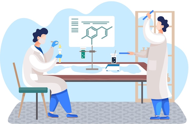 Man staat met blauwe buishouders Het gewicht van een vloeistof in een kolf meten Chemisch onderzoek in het laboratorium De man druppelt uit een pipet in een reageerbuis Poster met chemische verbindingen op de achtergrond