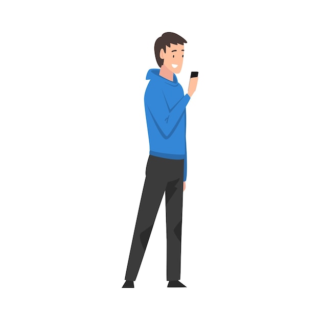 Man staat met smartphone Jonge man gebruikt digitale gadget vector illustratie
