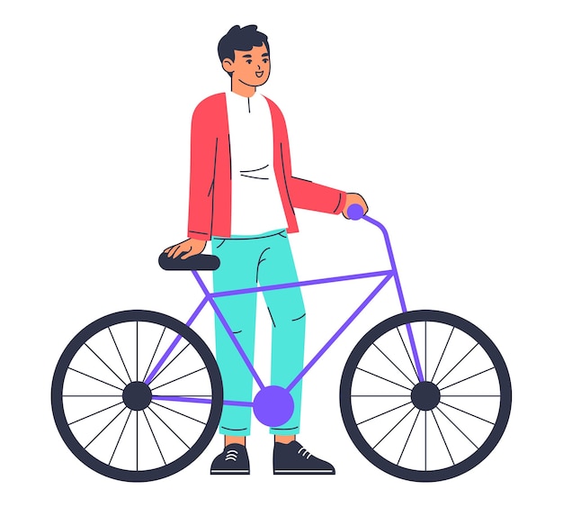 Man stand next to bicycle Male bike owner young cyclist with bicycle flat vector illustration on white background