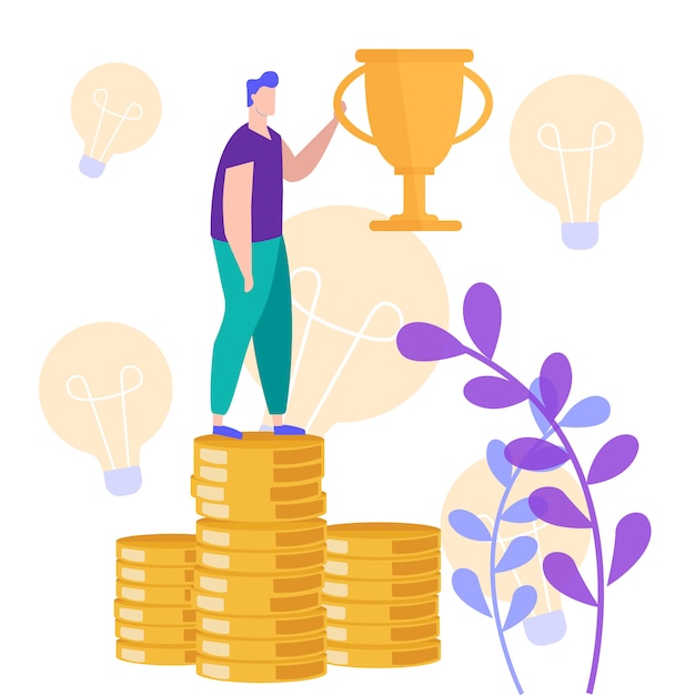 Man stand on stack coin with champion cup in hand.