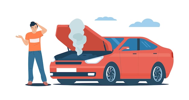 フードが開いた壊れた車の隣に立っている男性ベクトルイラスト