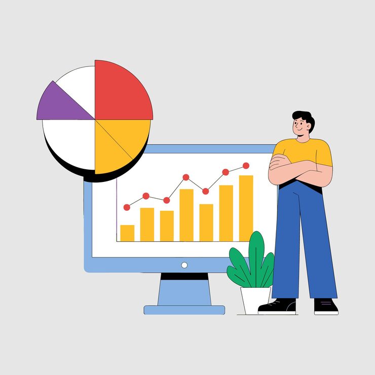 Vector man standing by computer displaying bar and line graph with pie chart keywords man computer screen