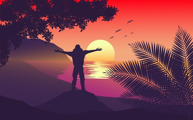 Vector man standing on cilff with arms streching in sunset