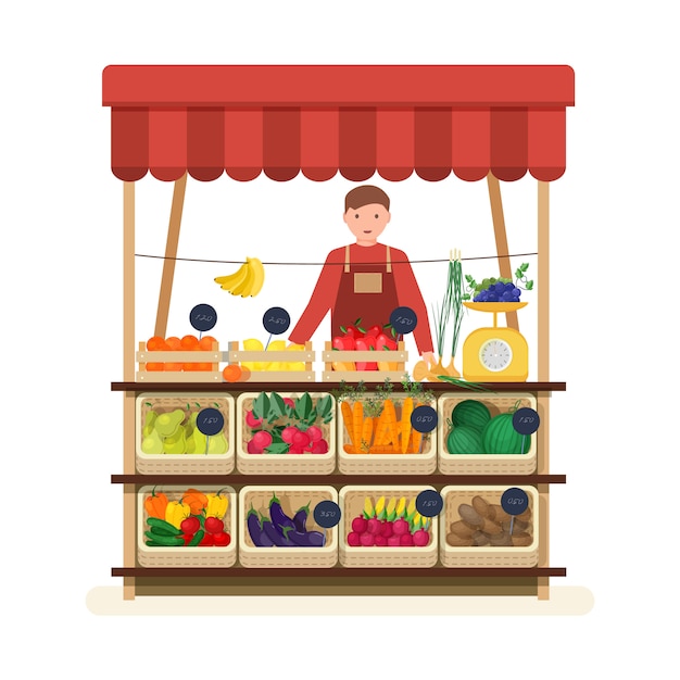 Vector man standing at counter of greengrocer's shop or marketplace and selling fruits and vegetables. male seller at place for selling food products on local farmers' market. flat illustration