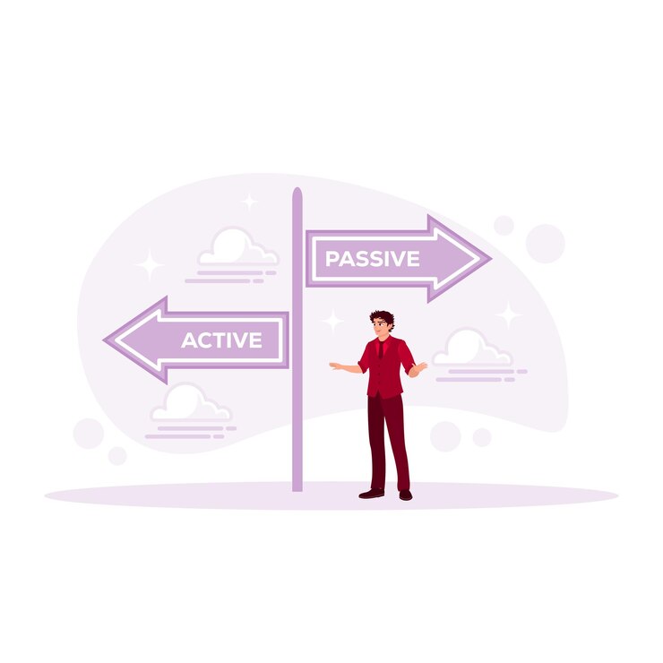 Vector the man standing next to the direction of a passive or active path to success active income concept